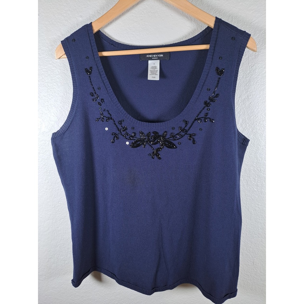 Jones New York Woman Navy Blue Beaded Scoop Neck Knit Shell Tank Top Plus 1X